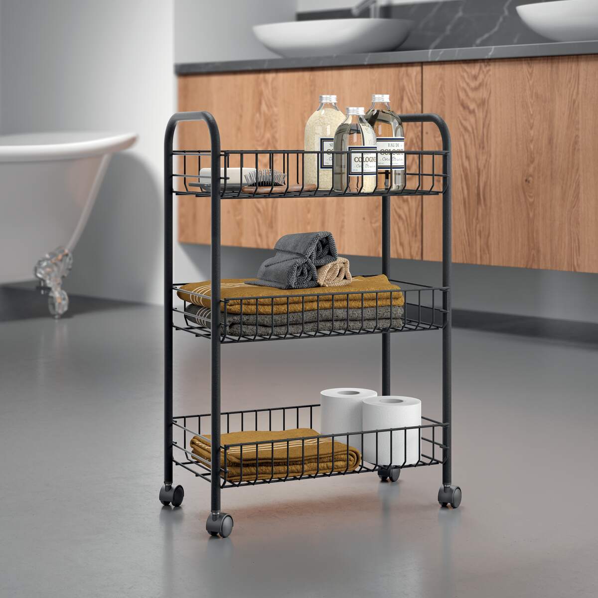 Regál 3koše s kolečky LUGANO LAVA mat.černá 41x23x63 v užití