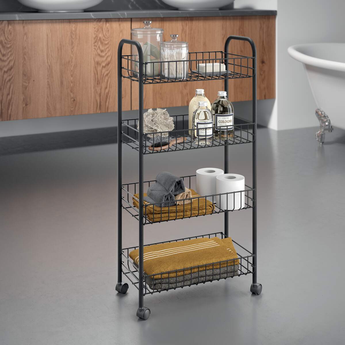 Regál 4koše s kolečky ASCONA LAVA mat.čarná 41x23x84 v užití